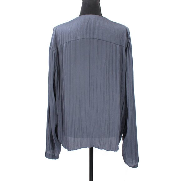 Vince Crushed Satin V-Neck Button Up Deep Azul Blue Long Sleeve Blouse Top Large - Picture 5 of 7